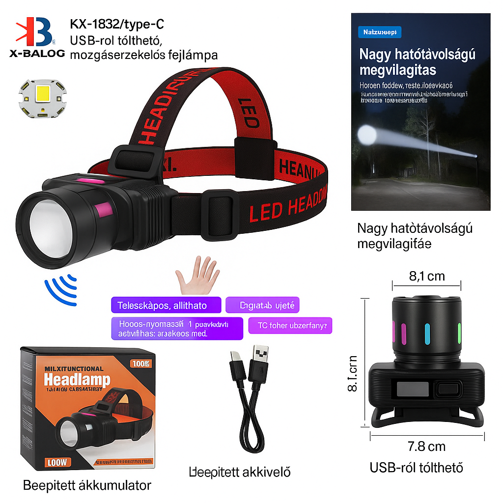 X-BALOG KX-1832 USB-C újratölthető, mozgásérzékelős LED fejlámpa – nagy hatótávolságú fénnyel