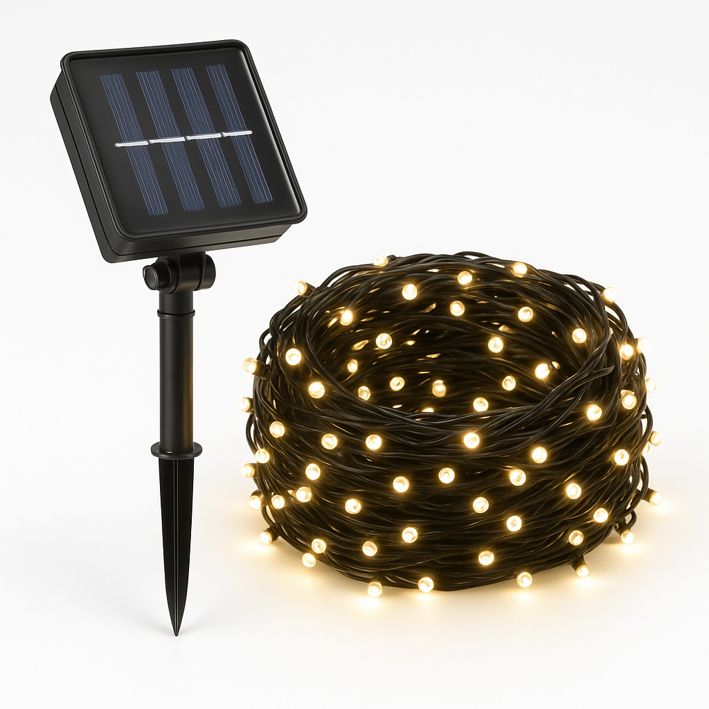 10 méteres 100 LED-es napelemes fényfüzér 50W, Melegfehér