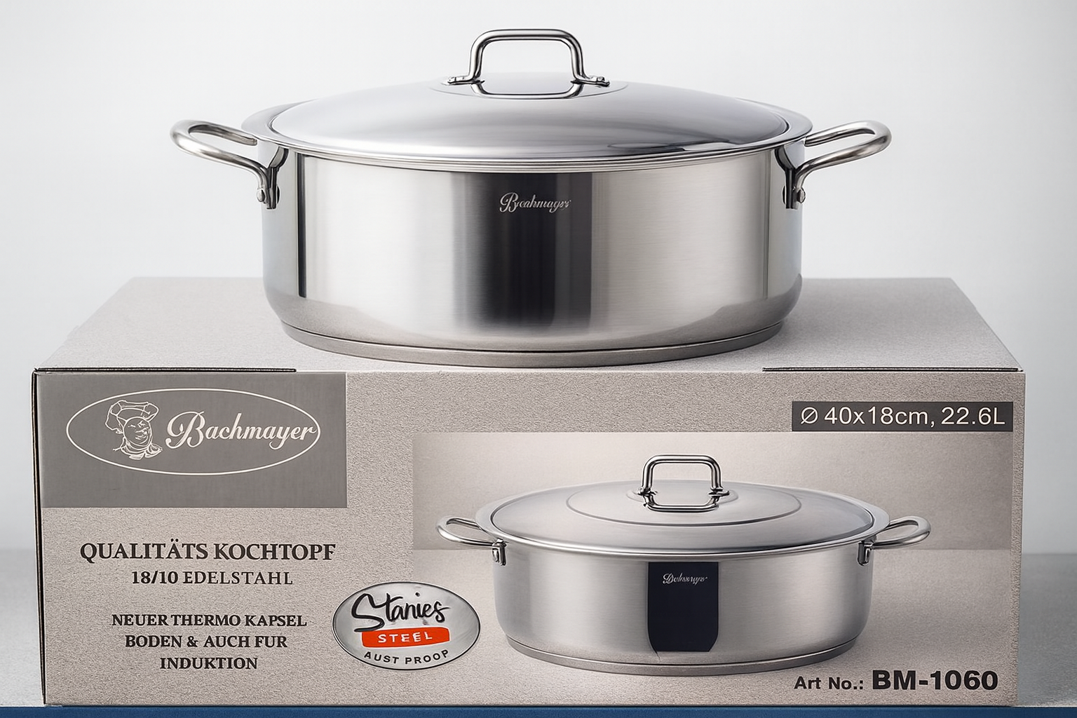 Bachmayer BM-1060 Rozsdamentes Nagy Lábas Fedővel, 40×18 cm, 22,6 l