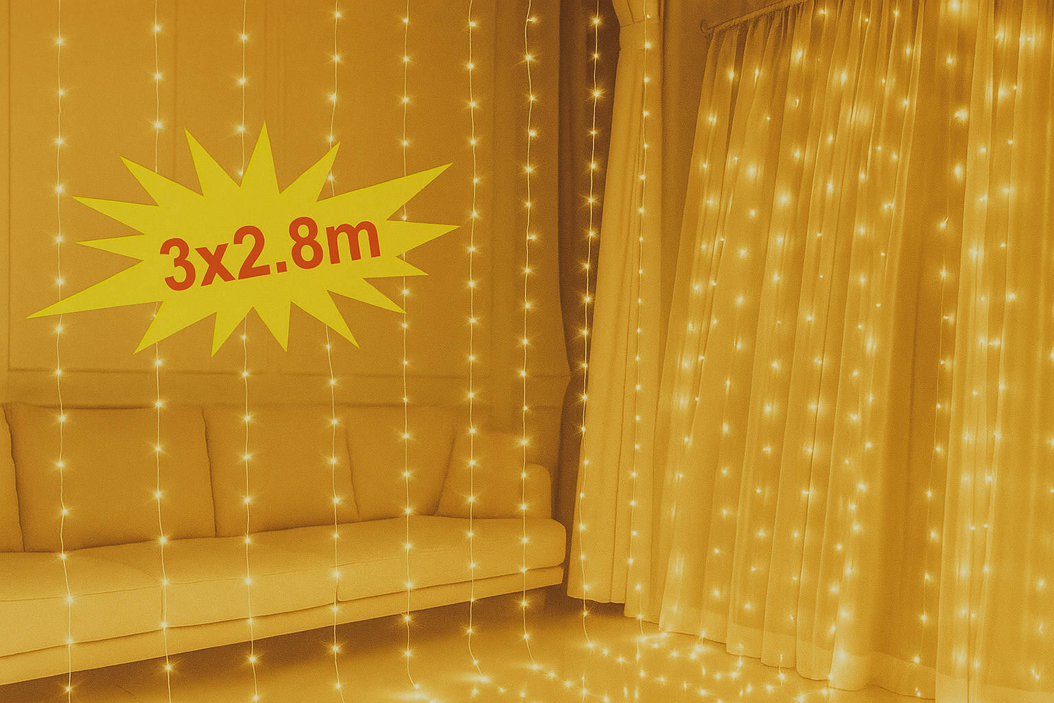 3×2,8 m-es LED Fényfüggöny – 300 LED, Melegfehér, Beltéri Dekoráció