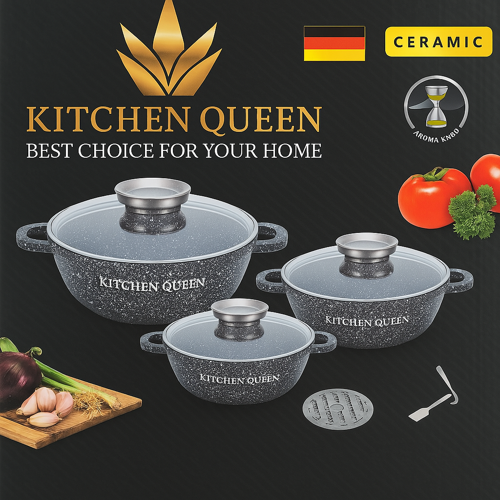 Kitchen Queen 6 Részes Kerámia Bevonatos Edénykészlet – Hőálló Üvegfedővel, Indukciós Alap