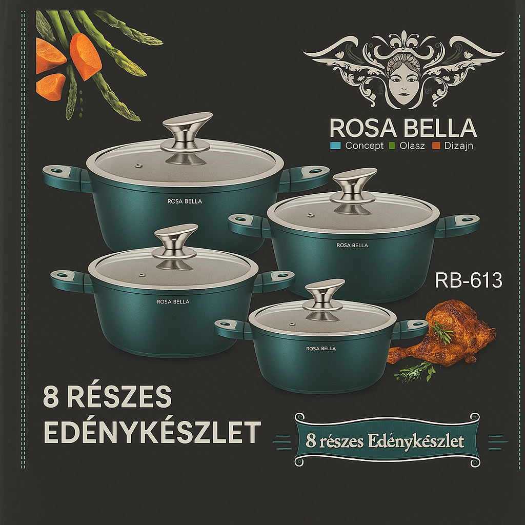 Rosa Bella 8 Részes Prémium Edénykészlet – Tapadásmentes Bevonat, Üvegfedőkkel, Indukciós Alj