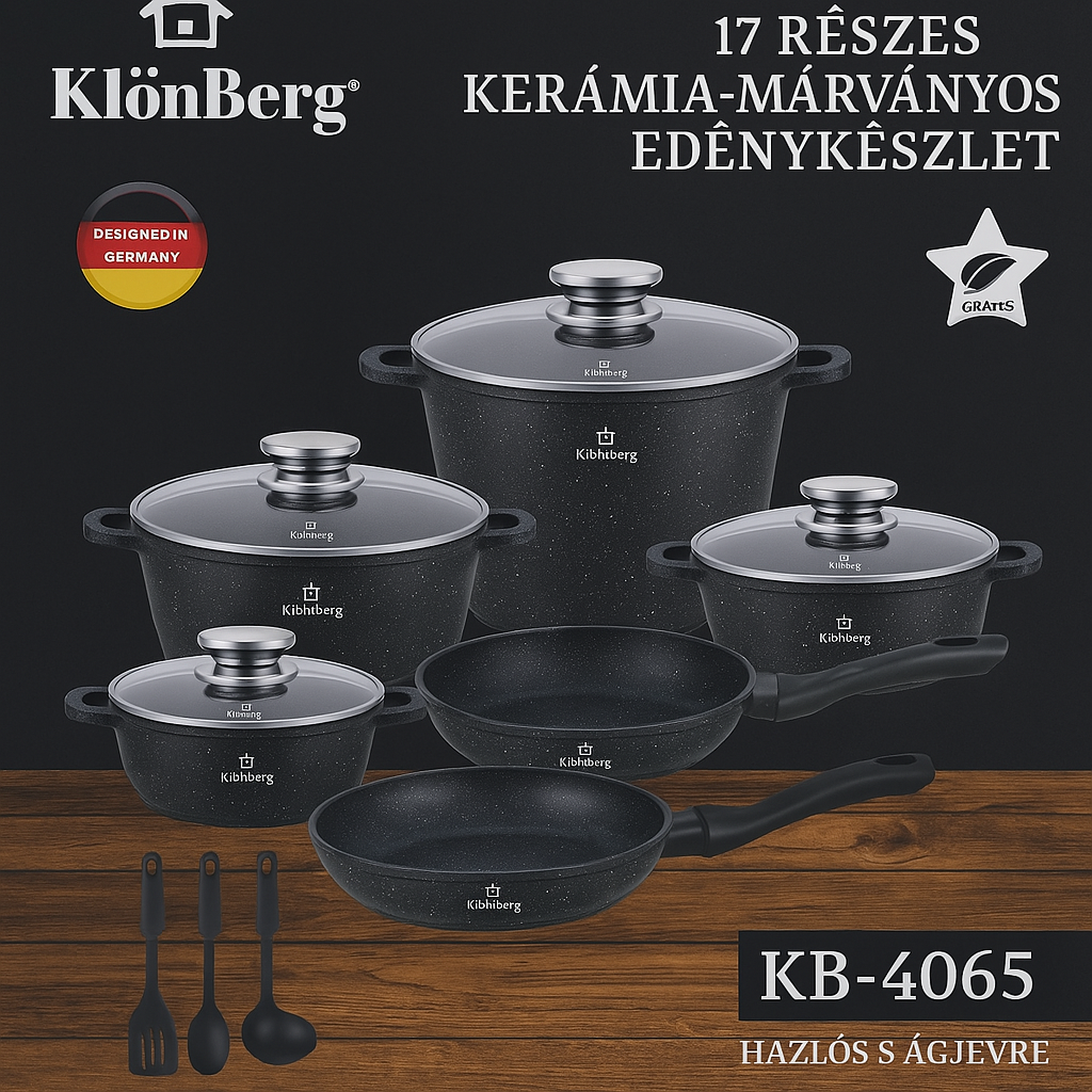KlonBerg 17 Részes Kerámia-Márványos Edénykészlet – Tapadásmentes Bevonattal, Hőálló Fedőkkel
