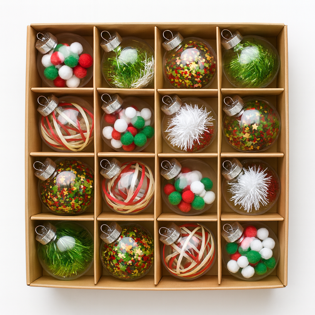 Töltött áttetsző karácsonyfadísz gömb szett, 16 db, 6 cm, rekeszes díszdobozban