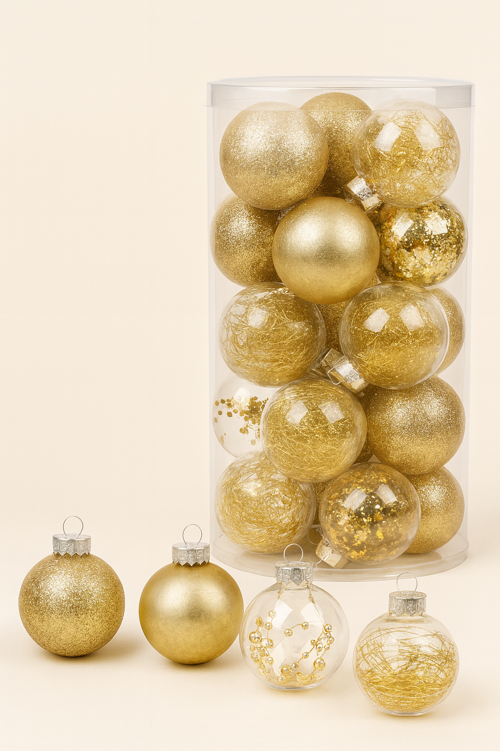 Arany karácsonyfadísz gömb szett, 30 db, 6 cm, vegyes dekor, henger dobozban