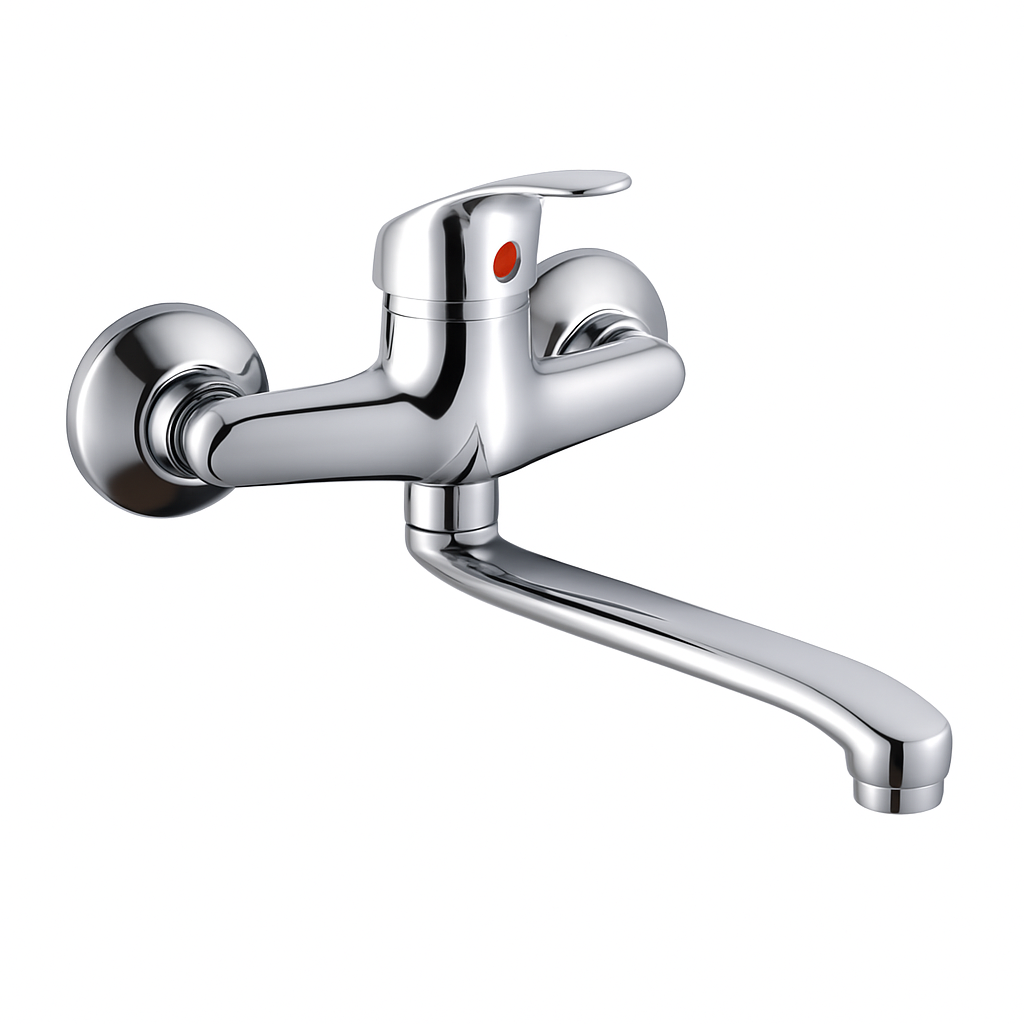 H-04 egykaros fali csaptelep – hosszú kifolyóval, króm