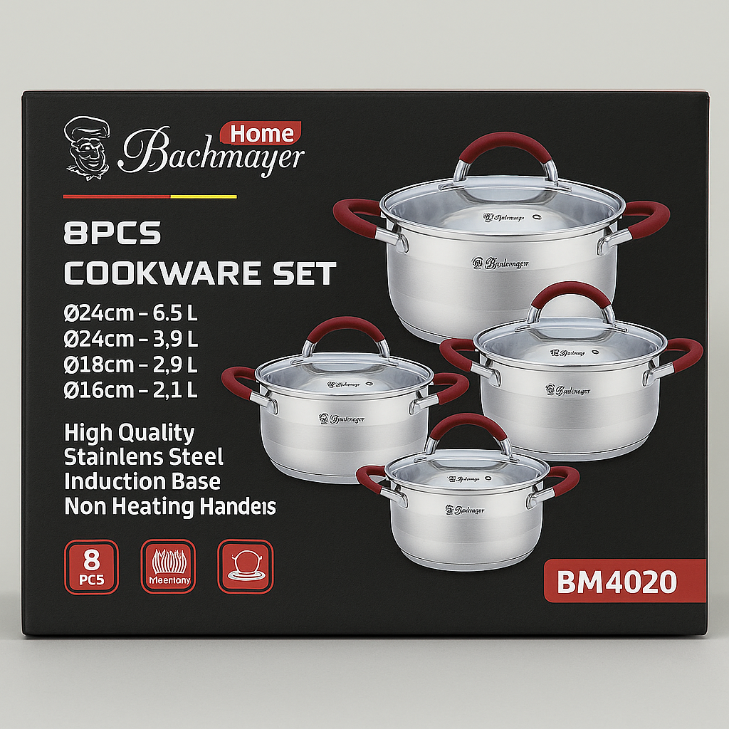 Bachmayer Home BM4020 8 részes rozsdamentes edénykészlet, indukciós talppal, piros fogantyúkkal
