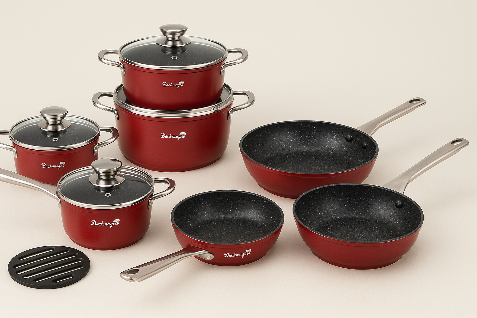 Bachmayer Home BM-7311 11 részes burgundi gránit bevonatos edény- és serpenyőkészlet, indukciós
