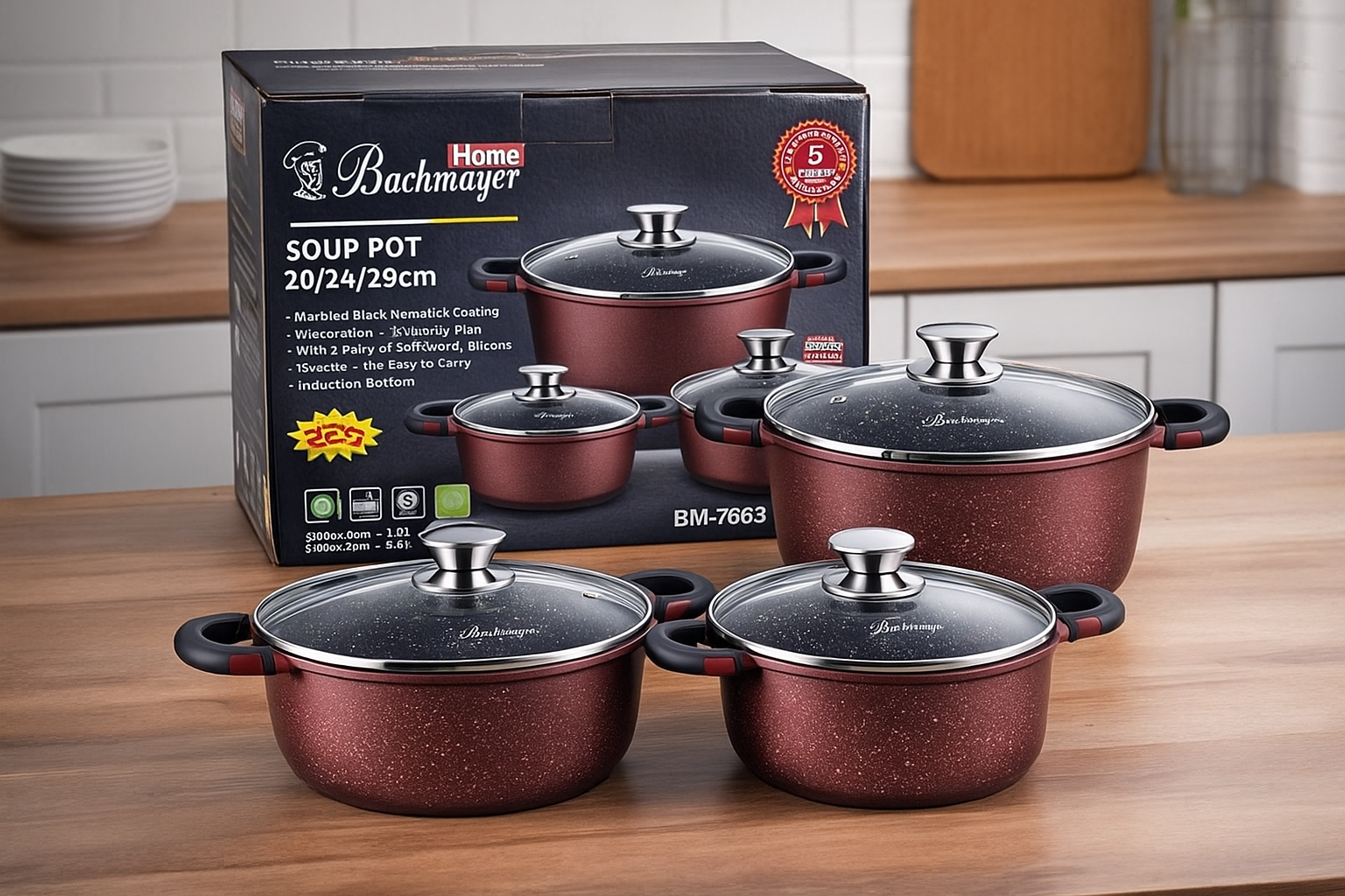 Bachmayer Home BM-7863 3 részes gránit bevonatos leveses fazék készlet, 20/24/28 cm, indukciós