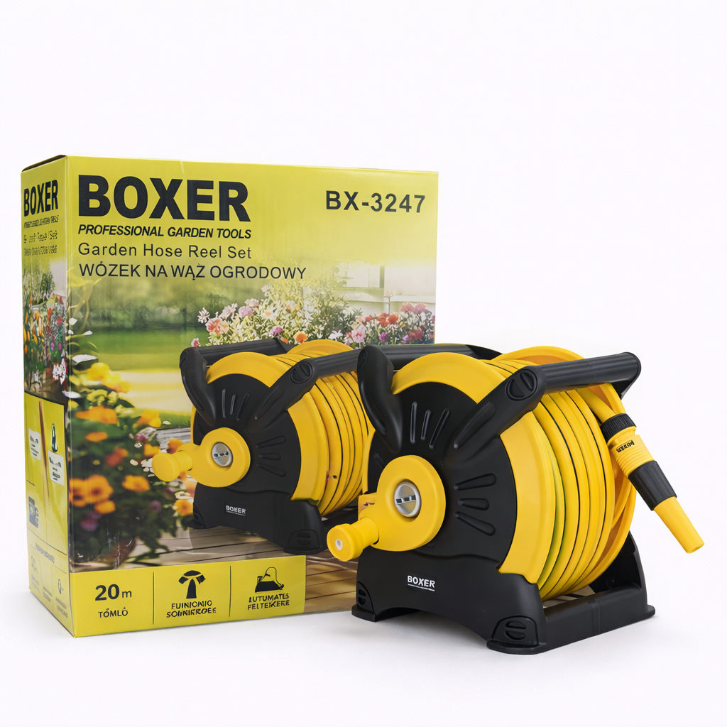 Boxer BX-3247 Kerti Tömlődob Szett 20 m – Kerti Locsolótömlő Kézi Dobbal és Szórófejjel