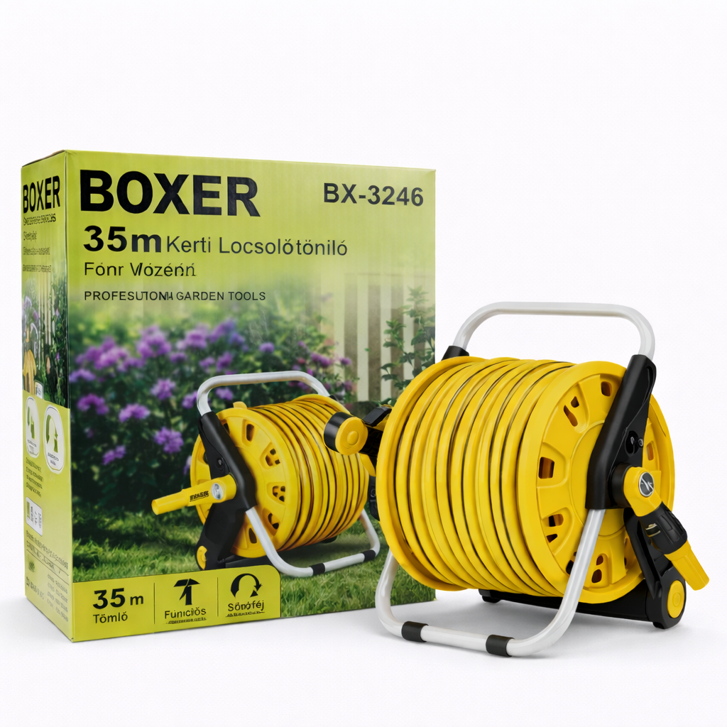 Boxer BX-3246 Kerti Tömlődob Szett 35 m – Locsolótömlő Fém Vázzal, Szórófejjel, Hordozható Kerti Slag