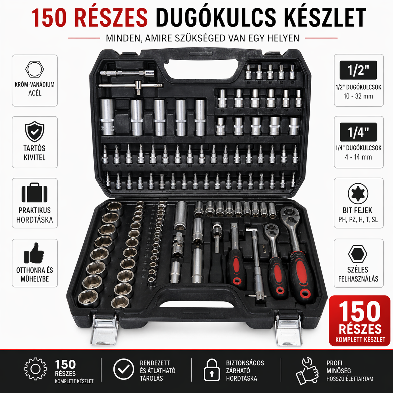 150 részes dugókulcs készlet hordtáskában – króm-vanádium szerszámkészlet 1/2” és 1/4” dugókulcsokkal