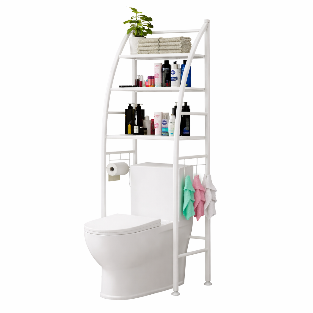 Fürdőszobai WC Fölé Helyezhető Tároló Állvány – 4 Polcos, Törölköző- és Papírtartóval