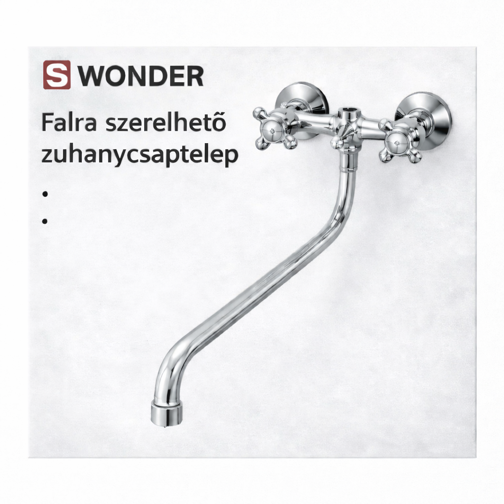 WONDER Klasszikus Falra Szerelhető Zuhanycsaptelep – Hosszú Kifolyócsővel, Króm