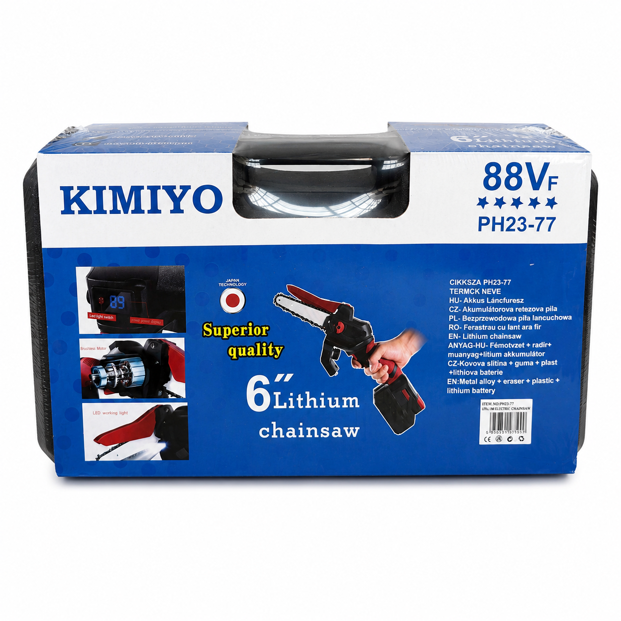 KIMIYO PH23-77 akkumulátoros mini láncfűrész, 6 colos, 2 akkumulátorral