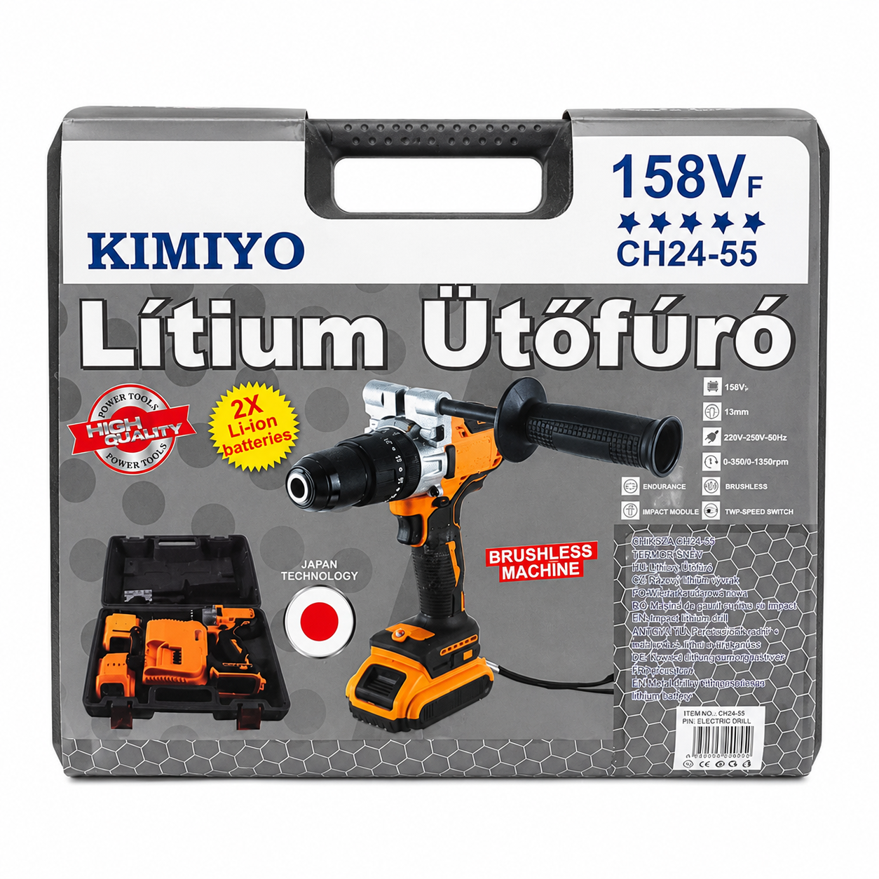 KIMIYO CH24-55 akkumulátoros ütvefúró-csavarozó, 13 mm-es tokmánnyal, 2 akkumulátorral és kofferrel