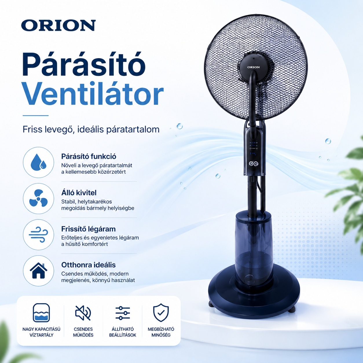 Orion Álló Párásító Ventilátor – Vízpermetes Hűsítő Ventilátor Állítható Magassággal és Nagy Víztartállyal