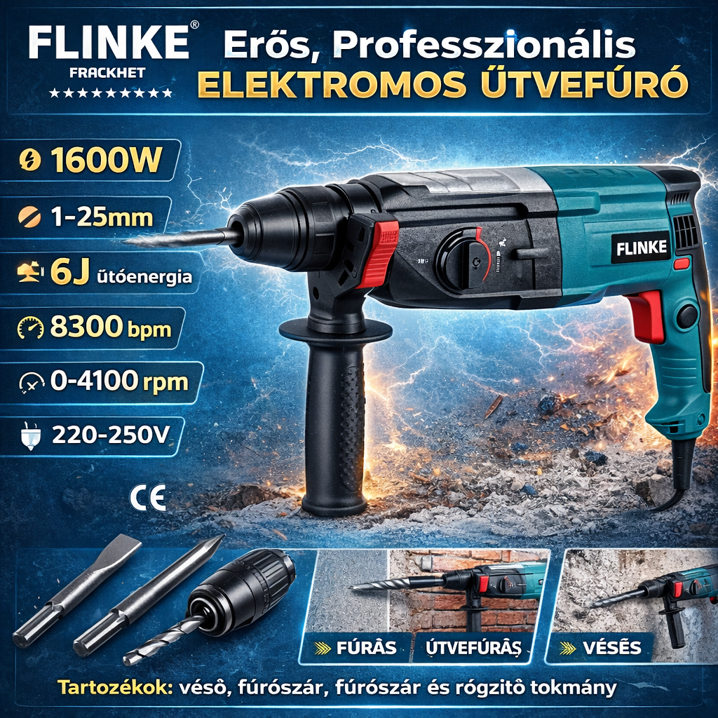 1600W Professzionális Elektromos Ütvefúró – Többfunkciós Fúró és Vésőgép