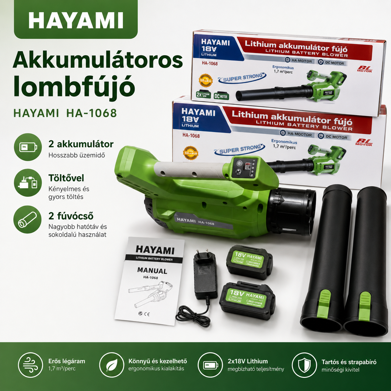Akkumulátoros lombfújó – 2 db 128V akkumulátorral