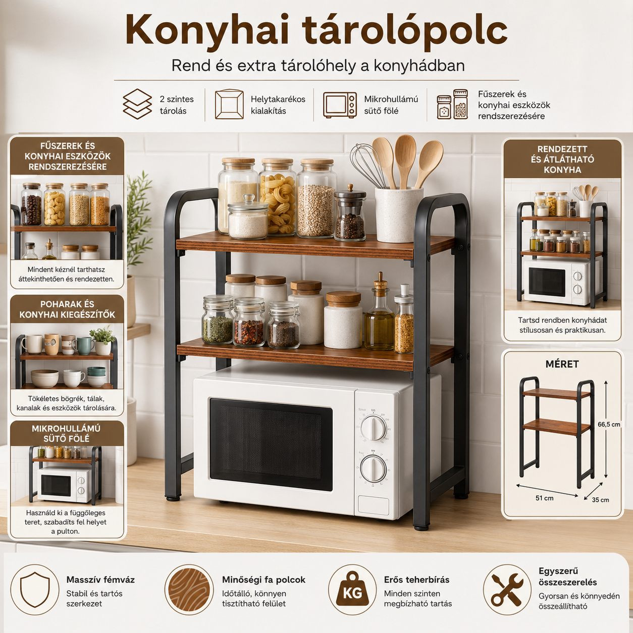 2 szintes konyhai tárolópolc mikrohullámú sütő fölé – fekete-barna, 51 × 35 × 66,5 cm