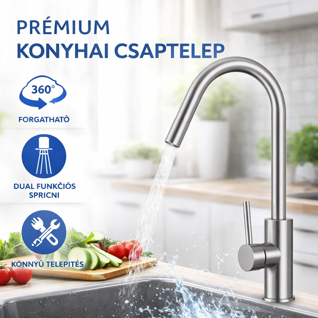 Rozsdamentes acél hatású konyhai csaptelep – modern, magas ívű kifolyóval