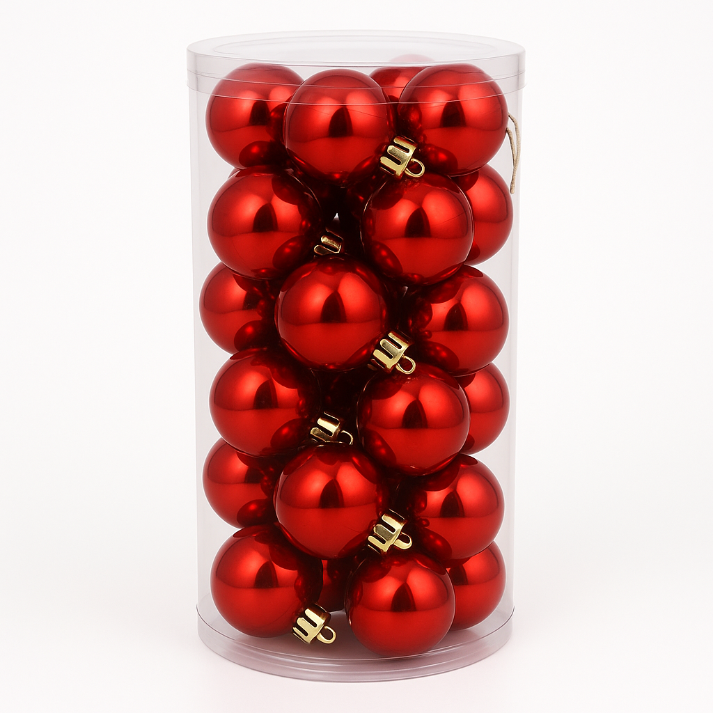 Piros karácsonyi gömbdísz készlet, 36 db, 5 cm – hengeres tárolóban