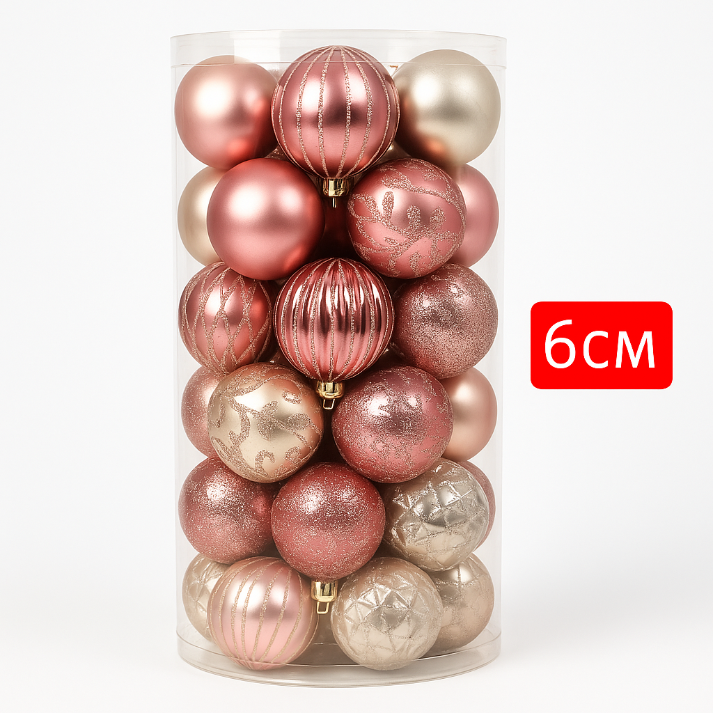 Rózsaarany és pezsgő karácsonyi gömbdísz készlet, 30 db, 6 cm – díszdobozban
