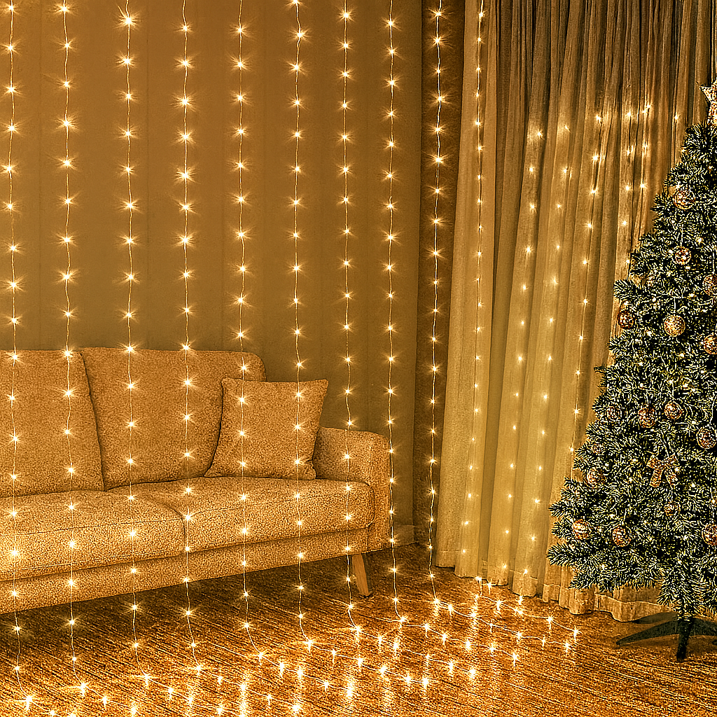 3×2,8 m-es LED Fényfüggöny – 300 LED, Melegfehér, Beltéri Dekoráció