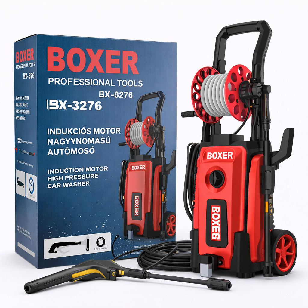 Boxer BX-3276 Indukciós Magasnyomású Autómosó – Nagynyomású Mosó Tömlődobbal, Professzionális Tisztítógép