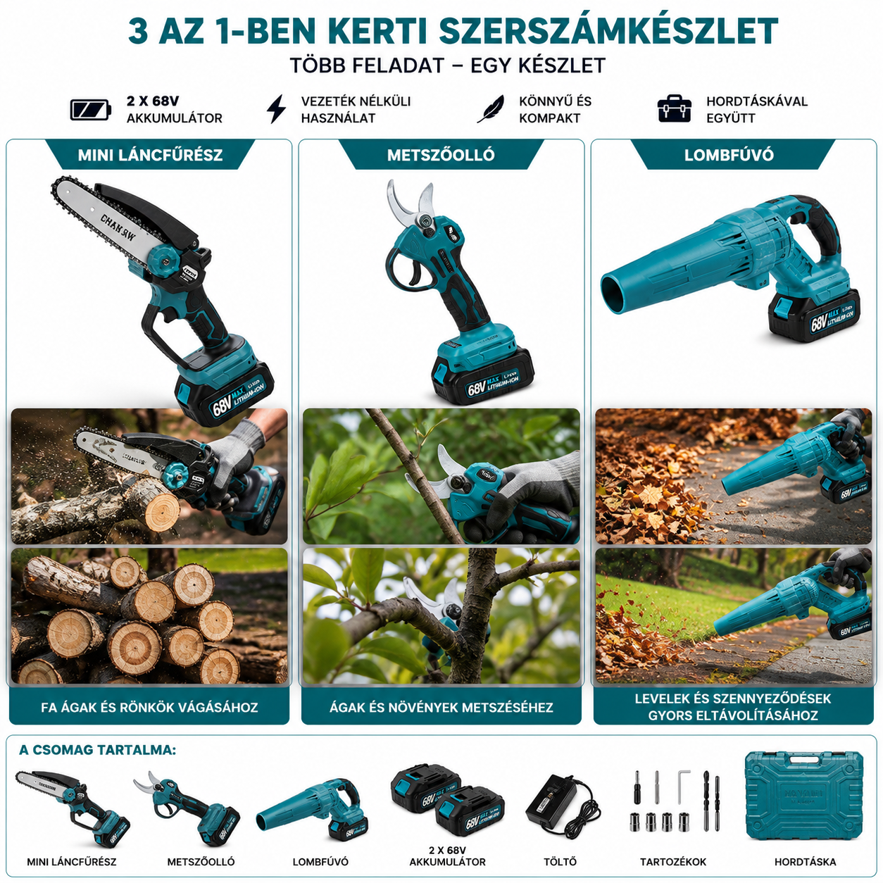 3 az 1-ben akkumulátoros kerti szerszámkészlet – 6″ mini láncfűrész, metszőolló és légfúvó, 2 db 68V akkumulátorral