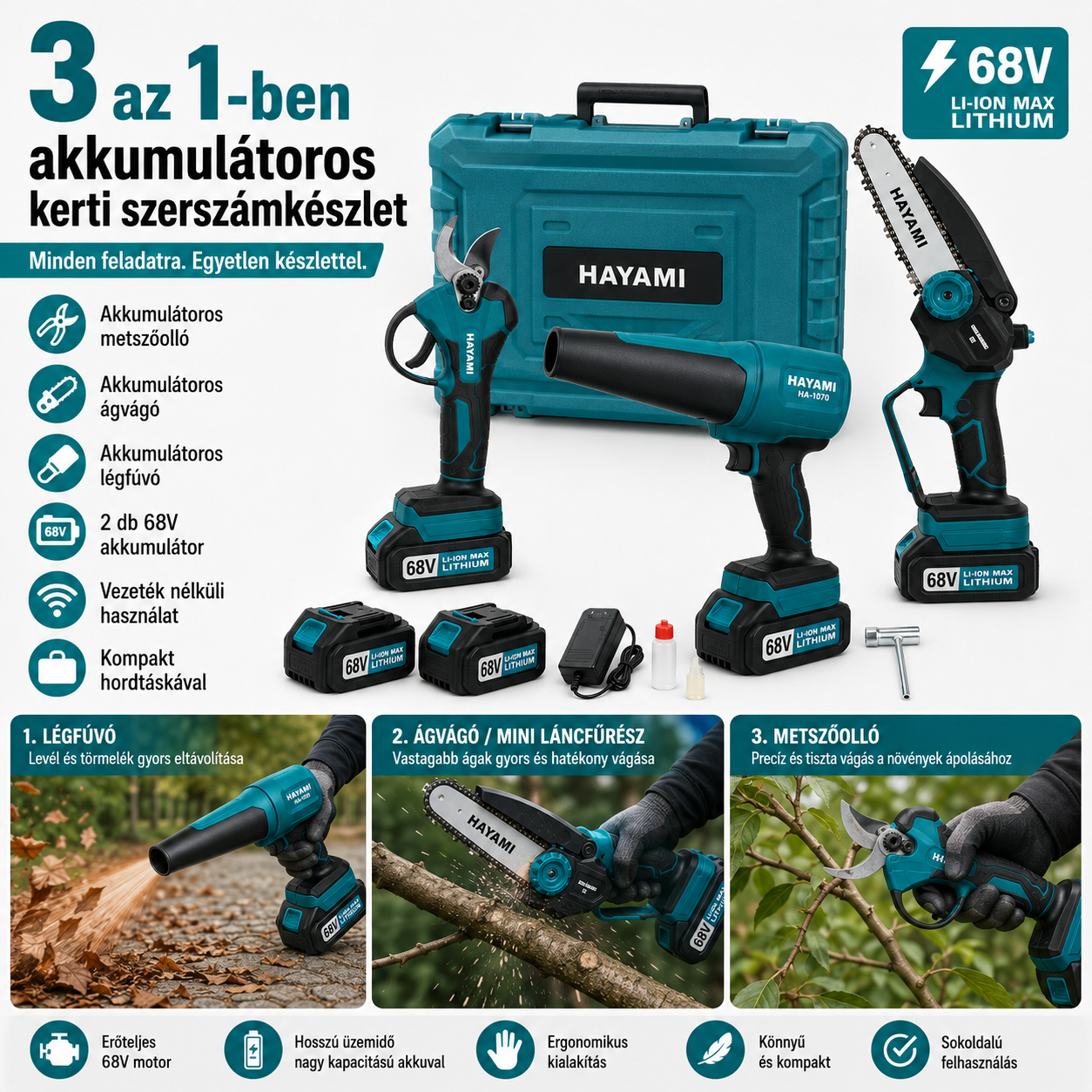 3 az 1-ben akkumulátoros kerti szerszámkészlet – 6″ mini láncfűrész, metszőolló és légfúvó, 2 db 68V akkumulátorral