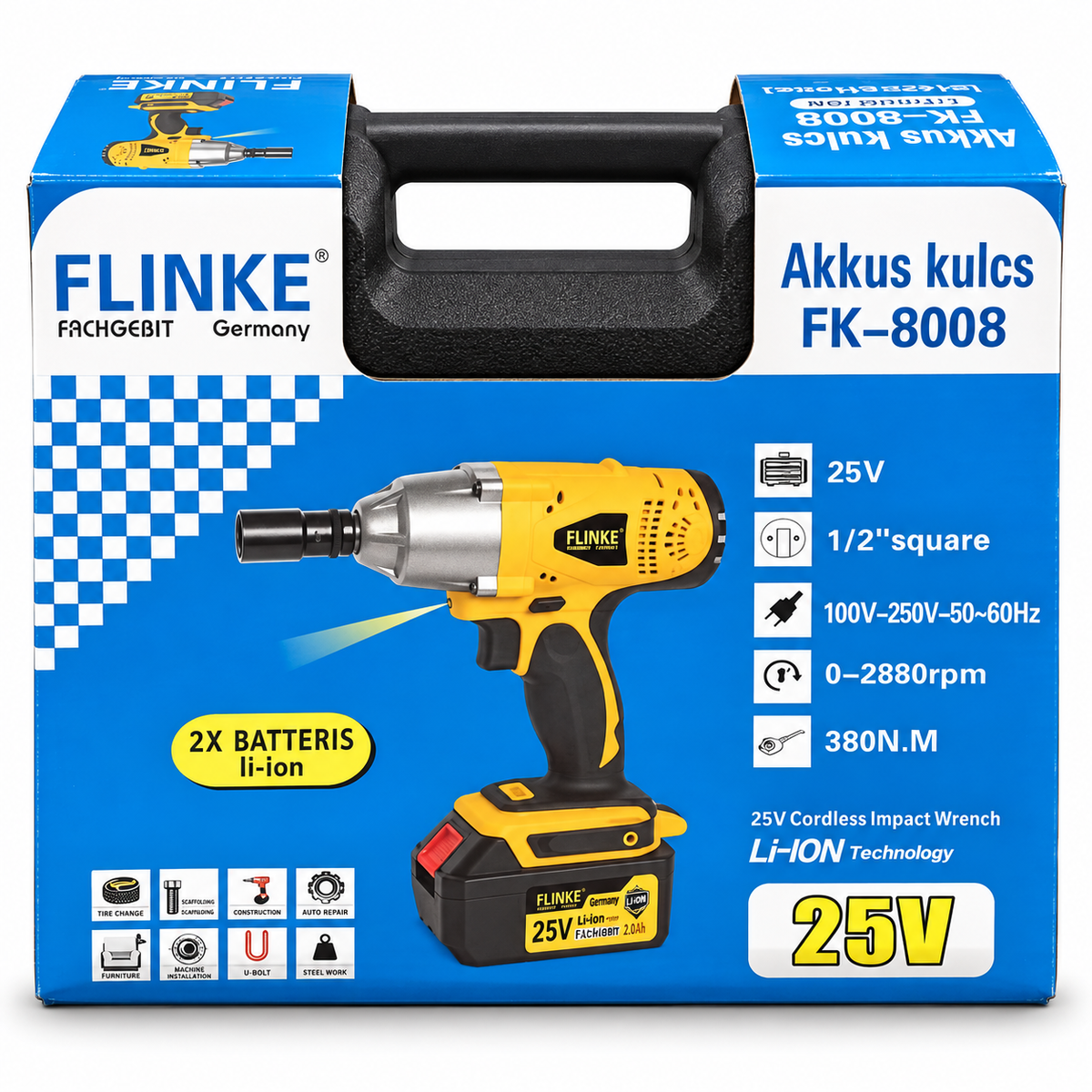 FLINKE FK-8008 25V akkumulátoros ütvecsavarozó, 1/2” befogással, 2 db Li-ion akkumulátorral