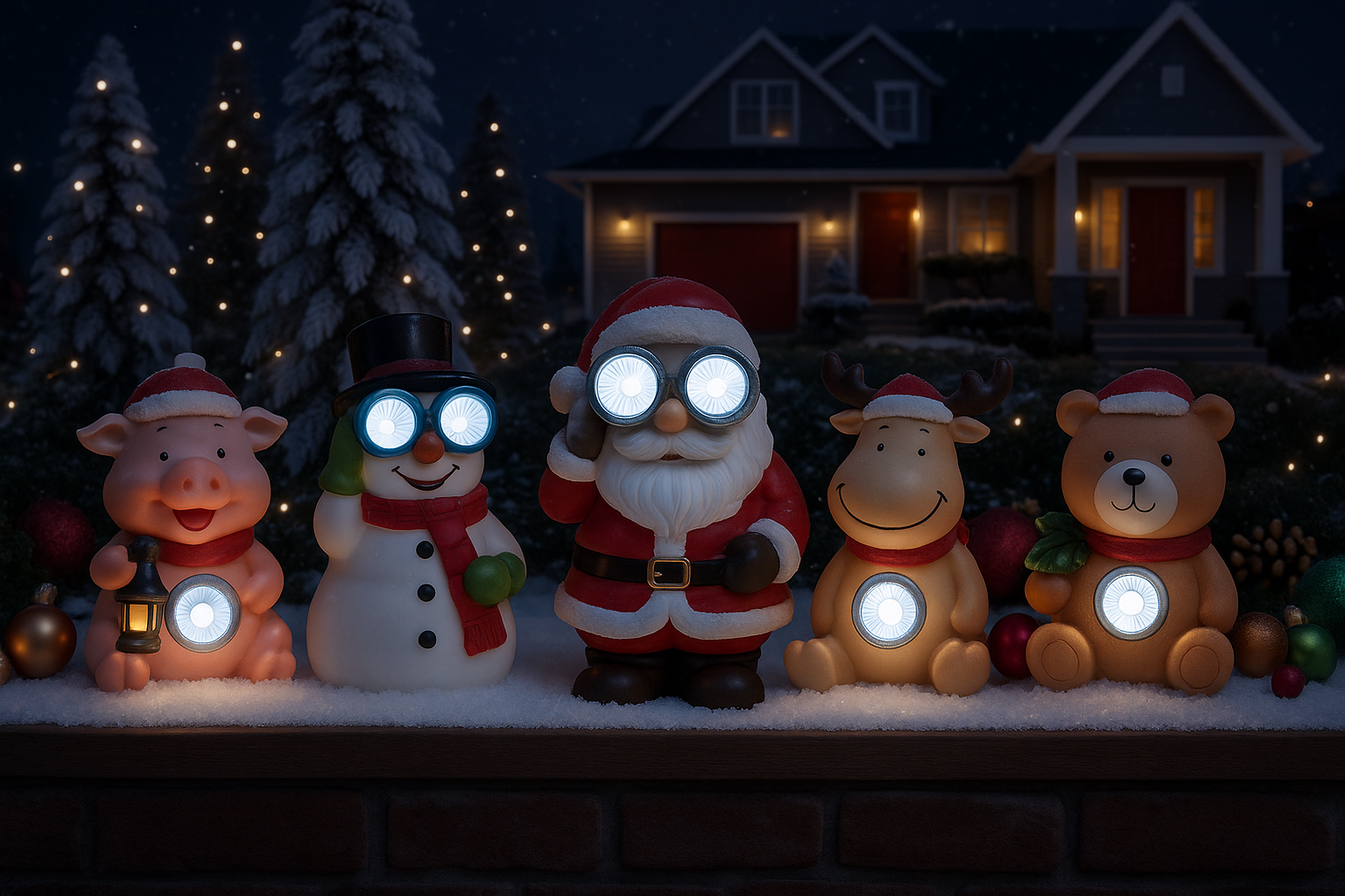 Karácsonyi kültéri LED kerti figurás lámpa szett – Mikulás, hóember, rénszarvas, maci, malac dekoráció 6db