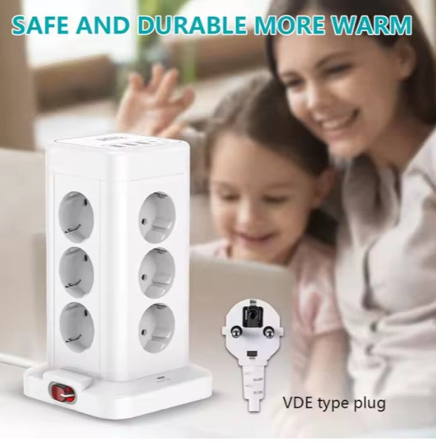 Többszintes Elosztó Torony 8 Aljzattal és USB Portokkal – Biztonságos és Praktikus Hálózati Csatlakozó