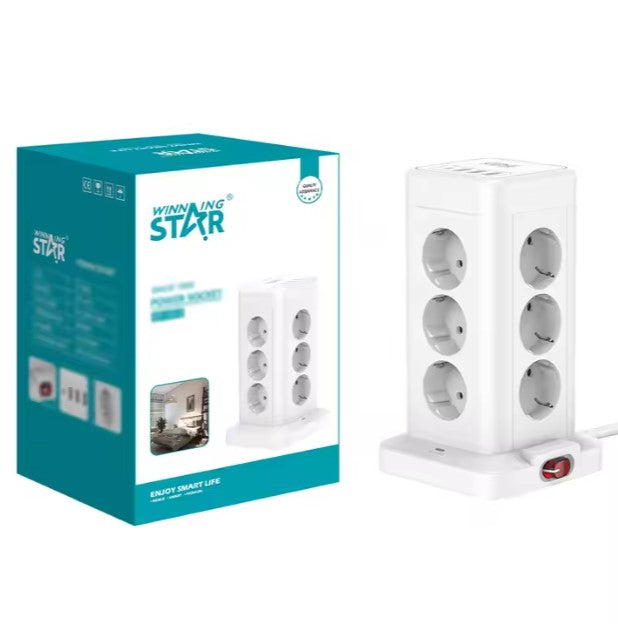 Többszintes Elosztó Torony 8 Aljzattal és USB Portokkal – Biztonságos és Praktikus Hálózati Csatlakozó