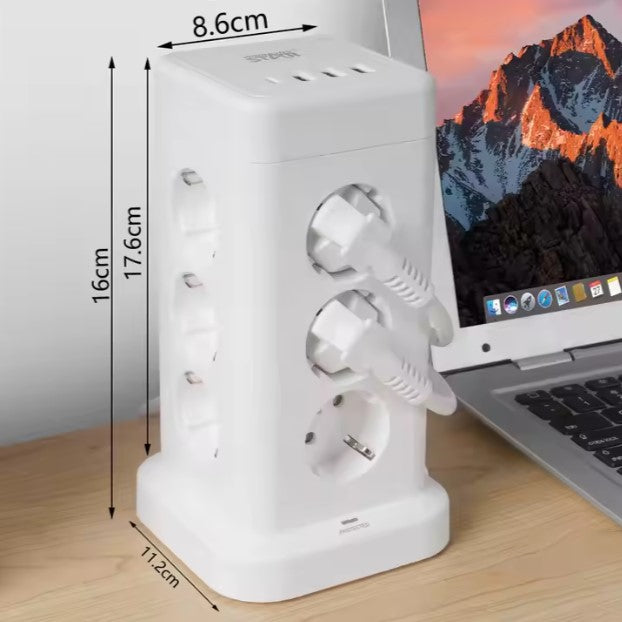 Többszintes Elosztó Torony 8 Aljzattal és USB Portokkal – Biztonságos és Praktikus Hálózati Csatlakozó