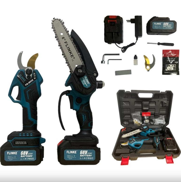 FLINKE FK-8053 Akkumulátoros Metsző Szett – Mini láncfűrész + elektromos metszőolló, 68V akkumulátor, kofferben