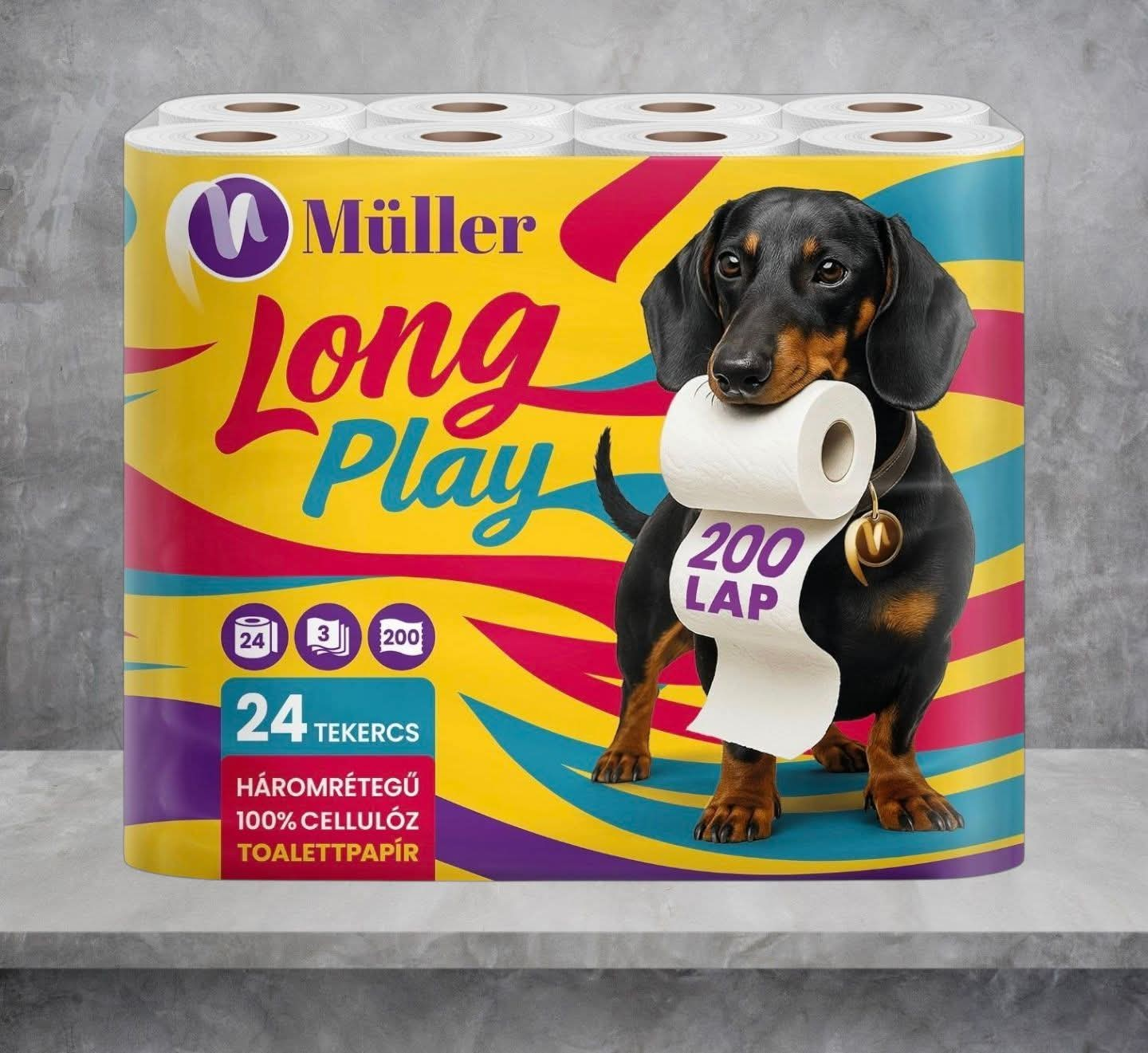 Müller Long Play WC-papír – 24 tekercs, 3 rétegű, 200 lap/tekercs