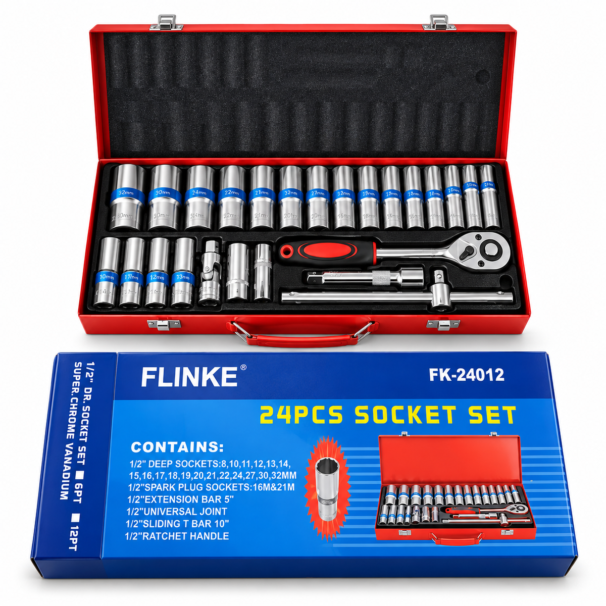 FLINKE FK-24012 24 részes 1/2” dugókulcs készlet racsnis hajtókarral, fém kofferben