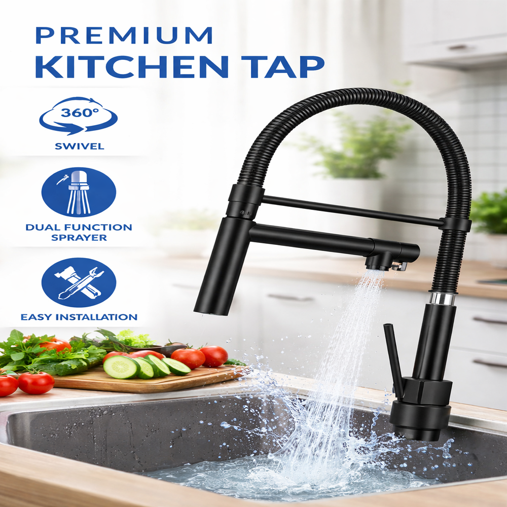 Fekete Rugós Konyhai Csaptelep – 360° Forgatható, 2 Szórásmód