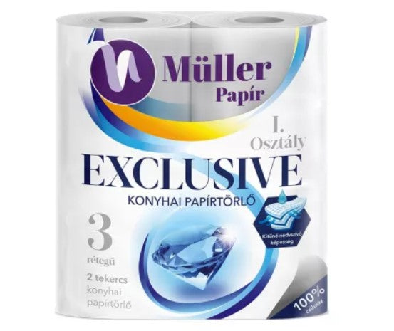 Müller Exclusive Konyhai Papírtörlő – 3 Rétegű, 2 Tekercs, Prémium Nedvszívó Képességgel