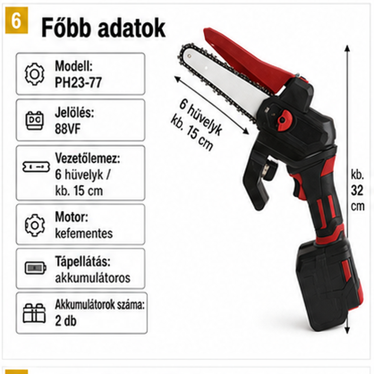 KIMIYO PH23-77 akkumulátoros mini láncfűrész, 6 colos, 2 akkumulátorral