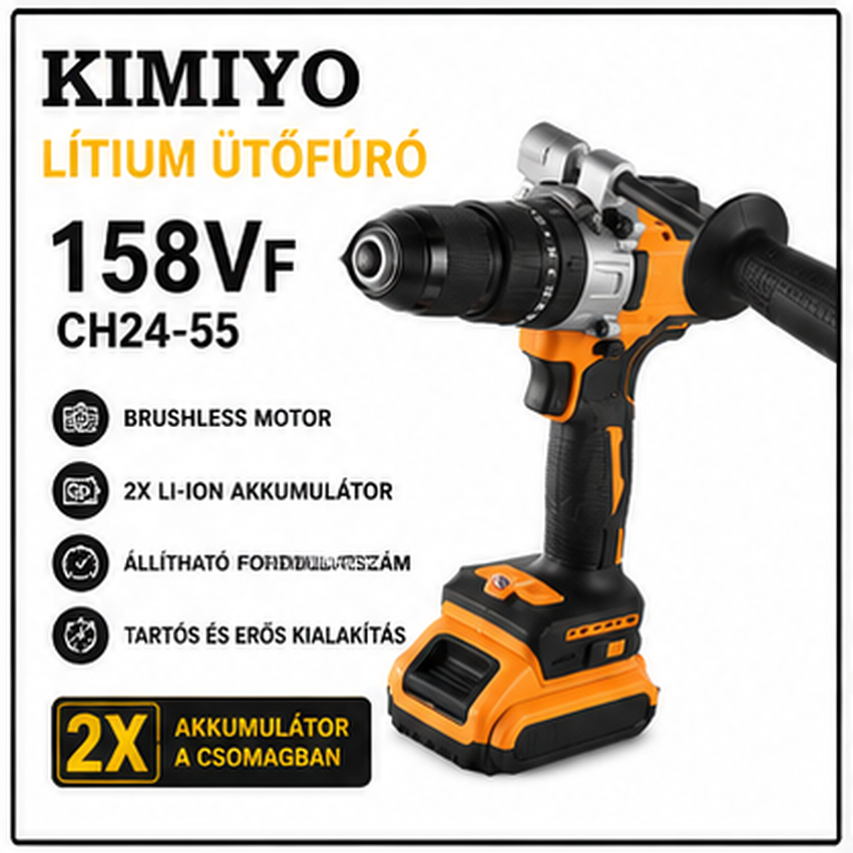 KIMIYO CH24-55 akkumulátoros ütvefúró-csavarozó, 13 mm-es tokmánnyal, 2 akkumulátorral és kofferrel