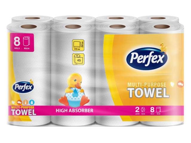 Perfex Multi-Purpose Papírtörlő – 2 rétegű, 8 tekercses, magas nedvszívóképességű