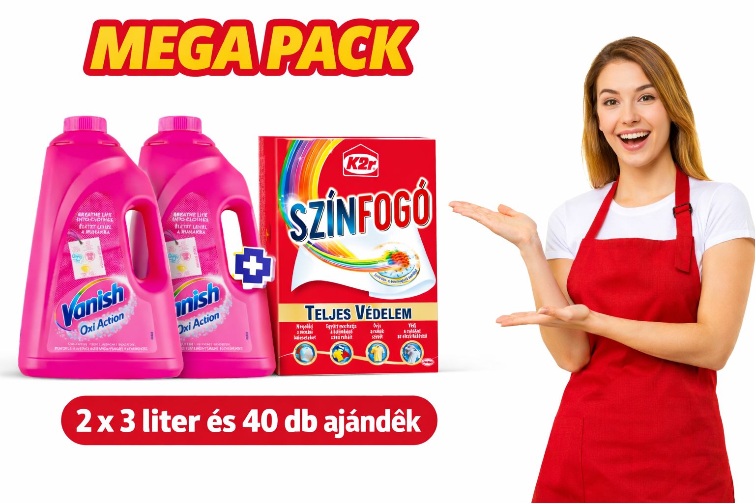 Vanish Oxi Action Színes Mosógél MEGA PACK – 2×3 liter + Ajándék K2r Színfogó Kendő (40 db)
