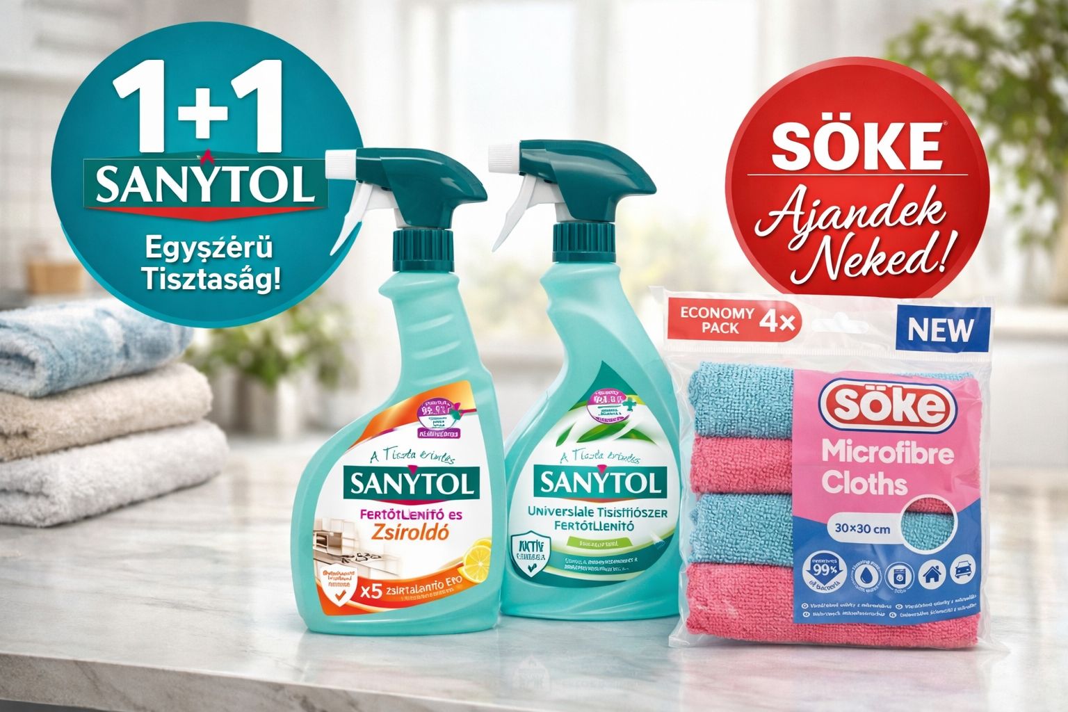Sanytol Fertőtlenítő Tisztítószer 1+1 Csomag + Söke Mikroszálas Kendő Szett (4 db) – Ajándék Kendőkkel