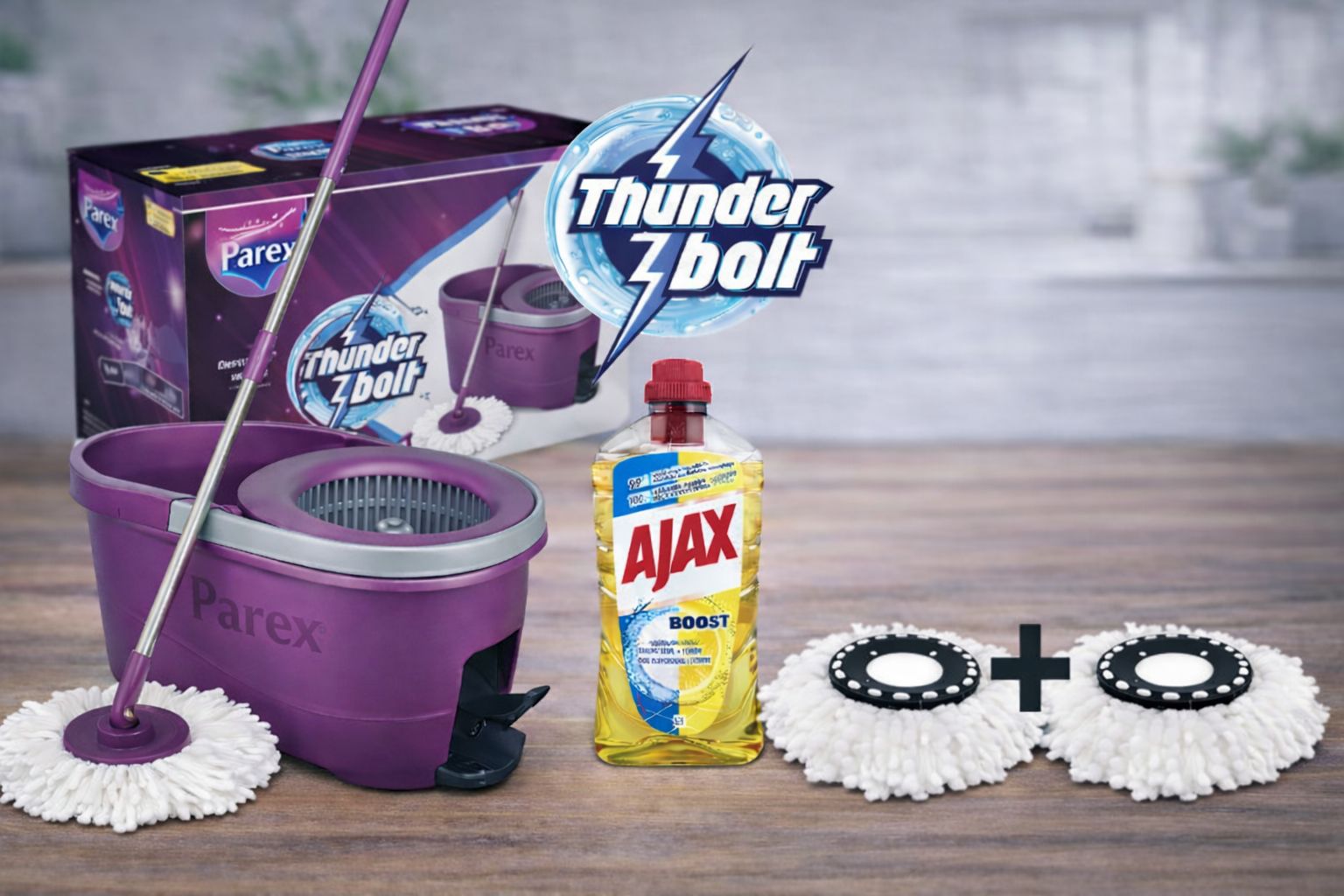 Parex Thunderbolt Felmosó Szett – Pedálos Vödör + Ajax Boost Tisztítószer + 2 db Mikroszálas Fej