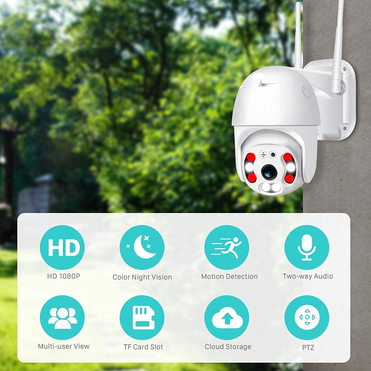 Kültéri Beltéri 1080P WiFi IP Kamera 4+4 LED mozgásérzékelés/IP66 vízálló/PTZ távoli mozgatás/kétirányú audio/éjszakai üzemmód