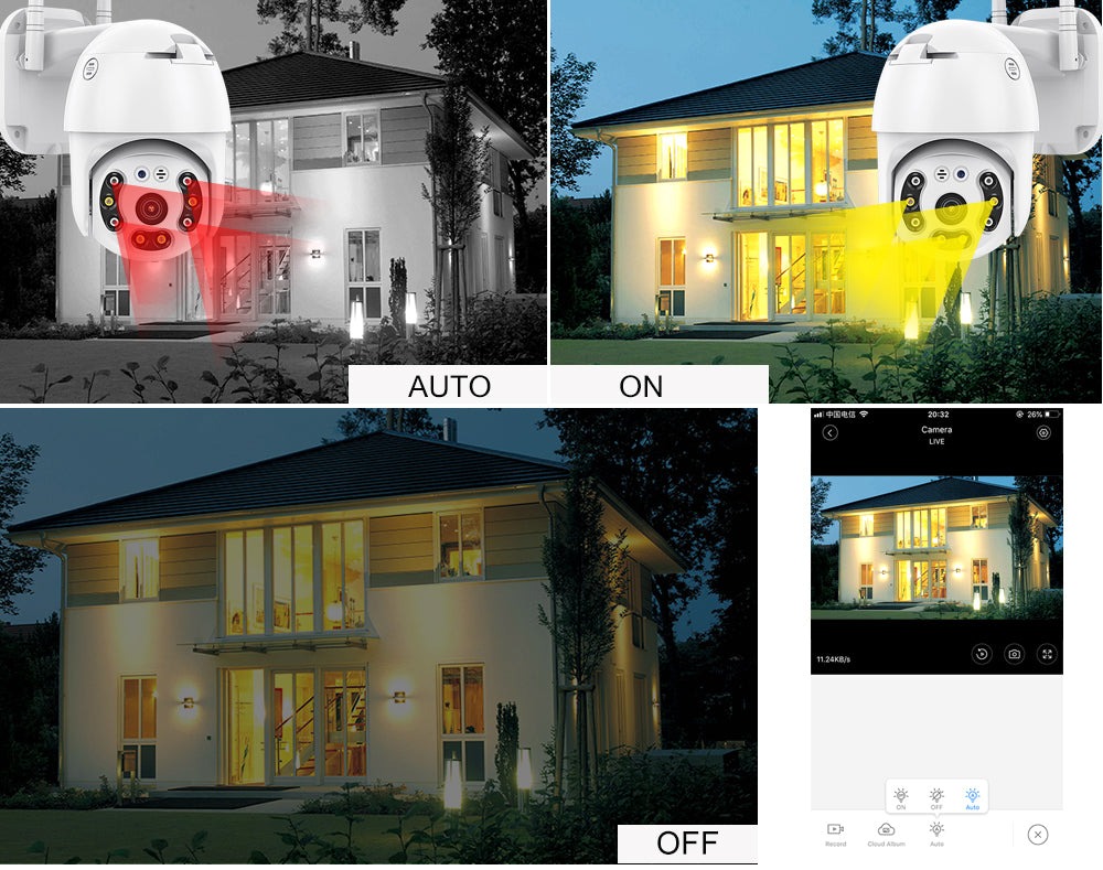 Kültéri Beltéri 1080P WiFi IP Kamera 4+4 LED mozgásérzékelés/IP66 vízálló/PTZ távoli mozgatás/kétirányú audio/éjszakai üzemmód