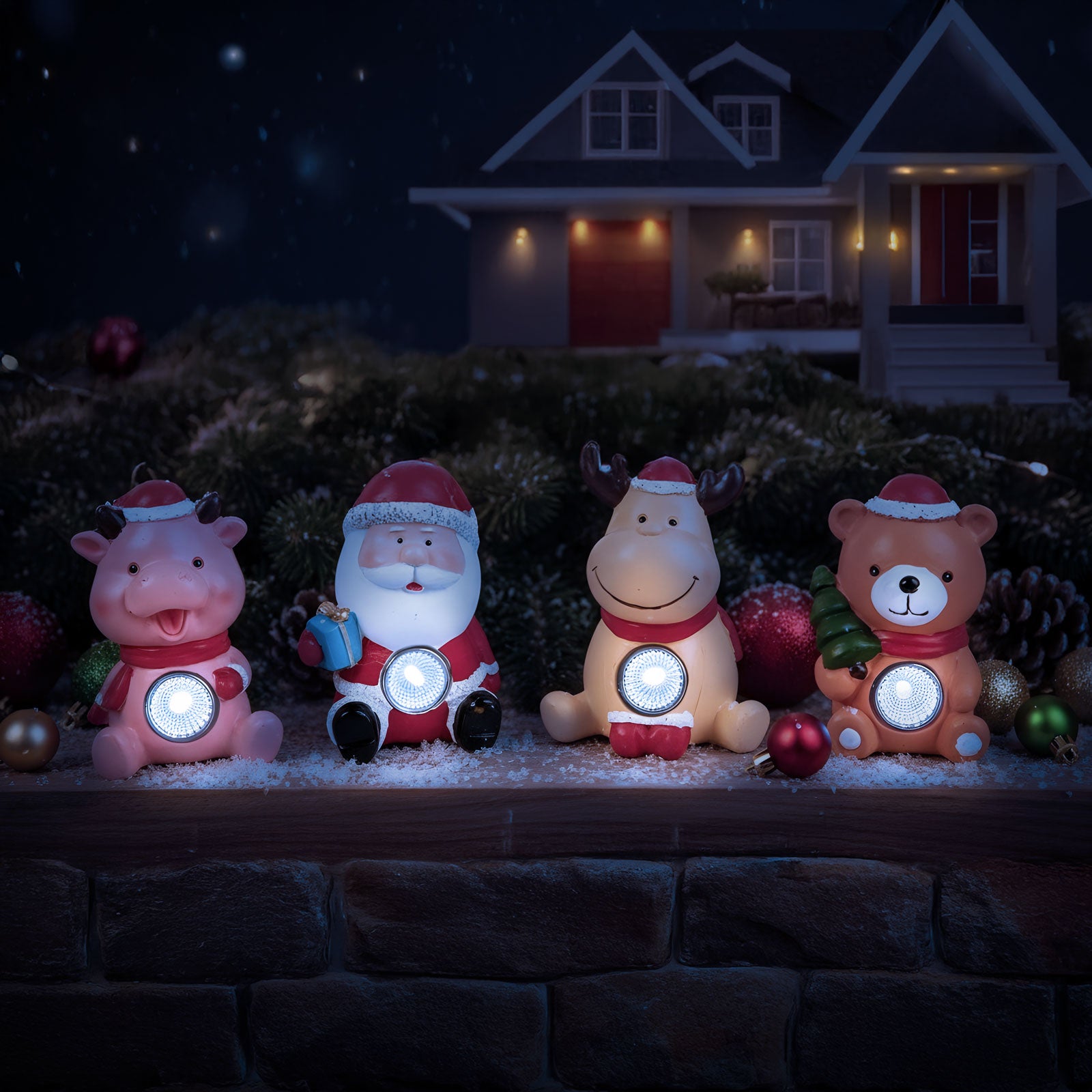 Karácsonyi kültéri LED kerti figurás lámpa szett – Mikulás, hóember, rénszarvas, maci, malac dekoráció 6db